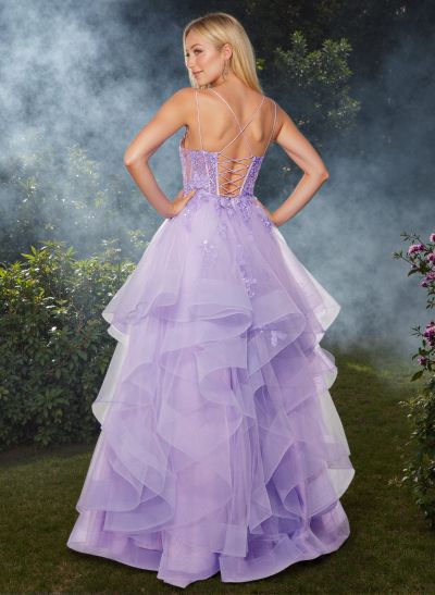 Dreamy Princess Ball Gown Ruffled Skirt Prom Dresses With Floral Applique