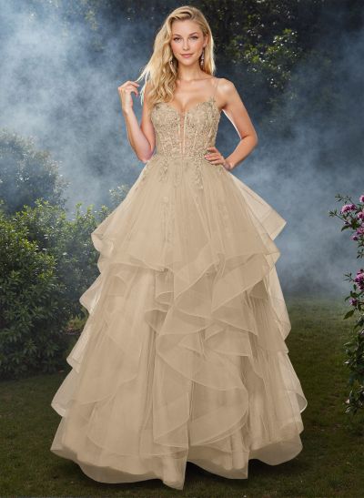 Dreamy Princess Ball Gown Ruffled Skirt Prom Dresses With Floral Applique