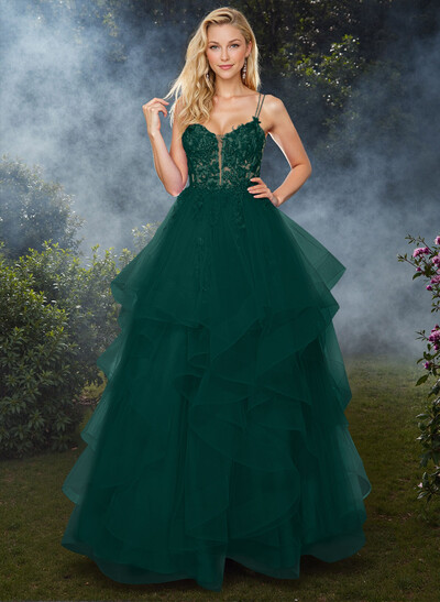 Dreamy Princess Ball Gown Ruffled Skirt Prom Dresses With Floral Applique