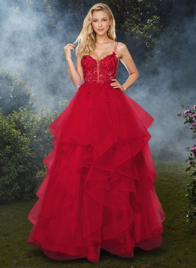 Dreamy Princess Ball Gown Ruffled Skirt Prom Dresses With Floral Applique