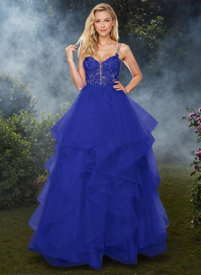 Dreamy Princess Ball Gown Ruffled Skirt Prom Dresses With Floral Applique