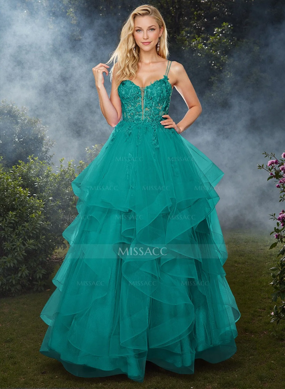 Dreamy Princess Ball Gown Ruffled Skirt Prom Dresses With Floral Applique #SPD12392  $189