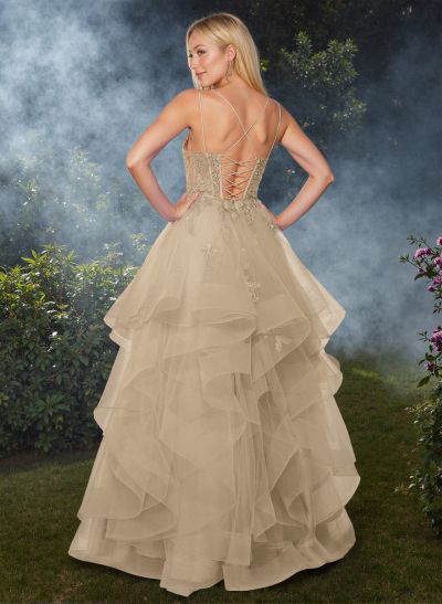 Dreamy Princess Ball Gown Ruffled Skirt Prom Dresses With Floral Applique