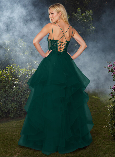 Dreamy Princess Ball Gown Ruffled Skirt Prom Dresses With Floral Applique