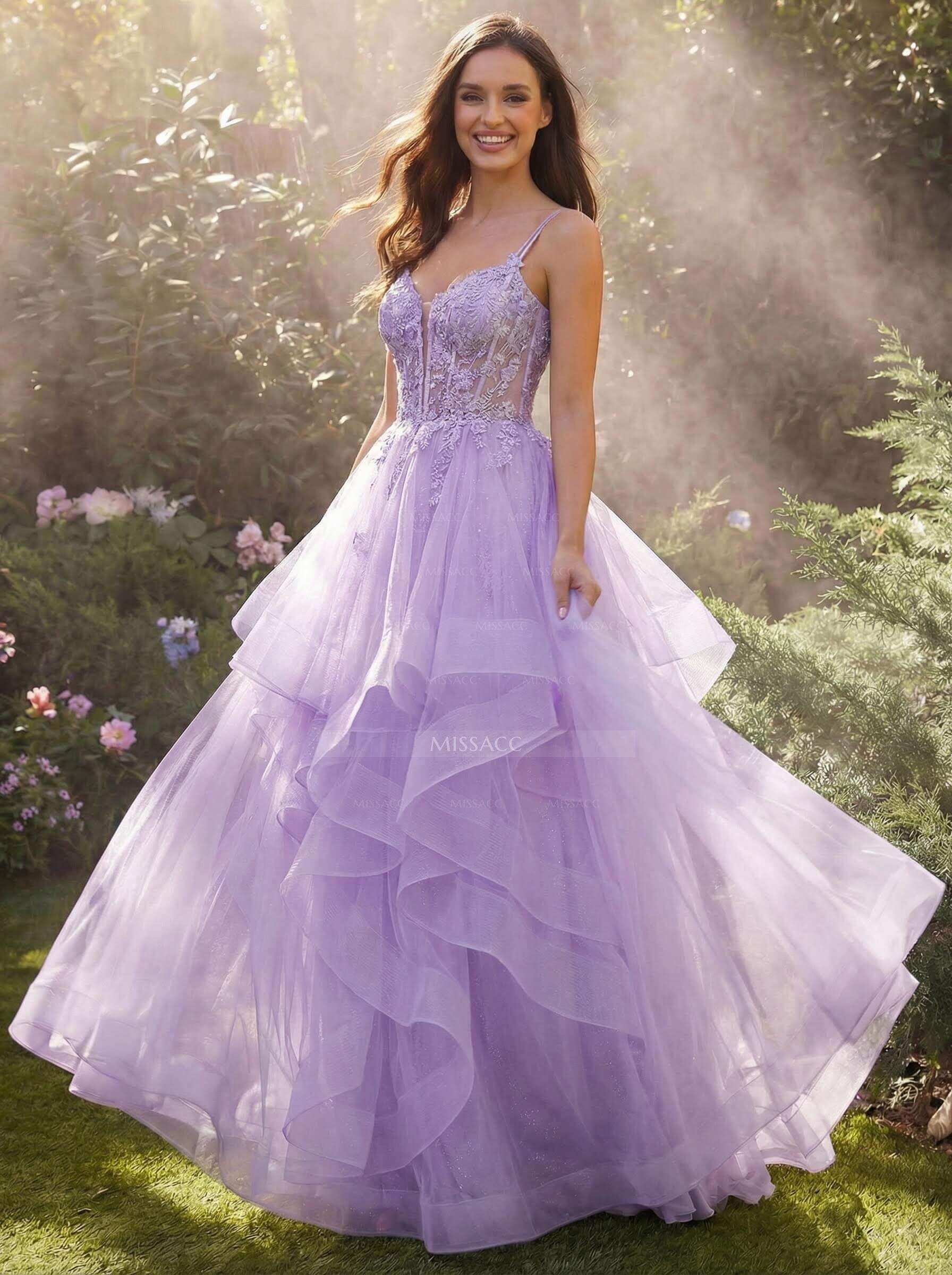 Dreamy Princess Ball Gown Ruffled Skirt Prom Dresses With Floral Applique