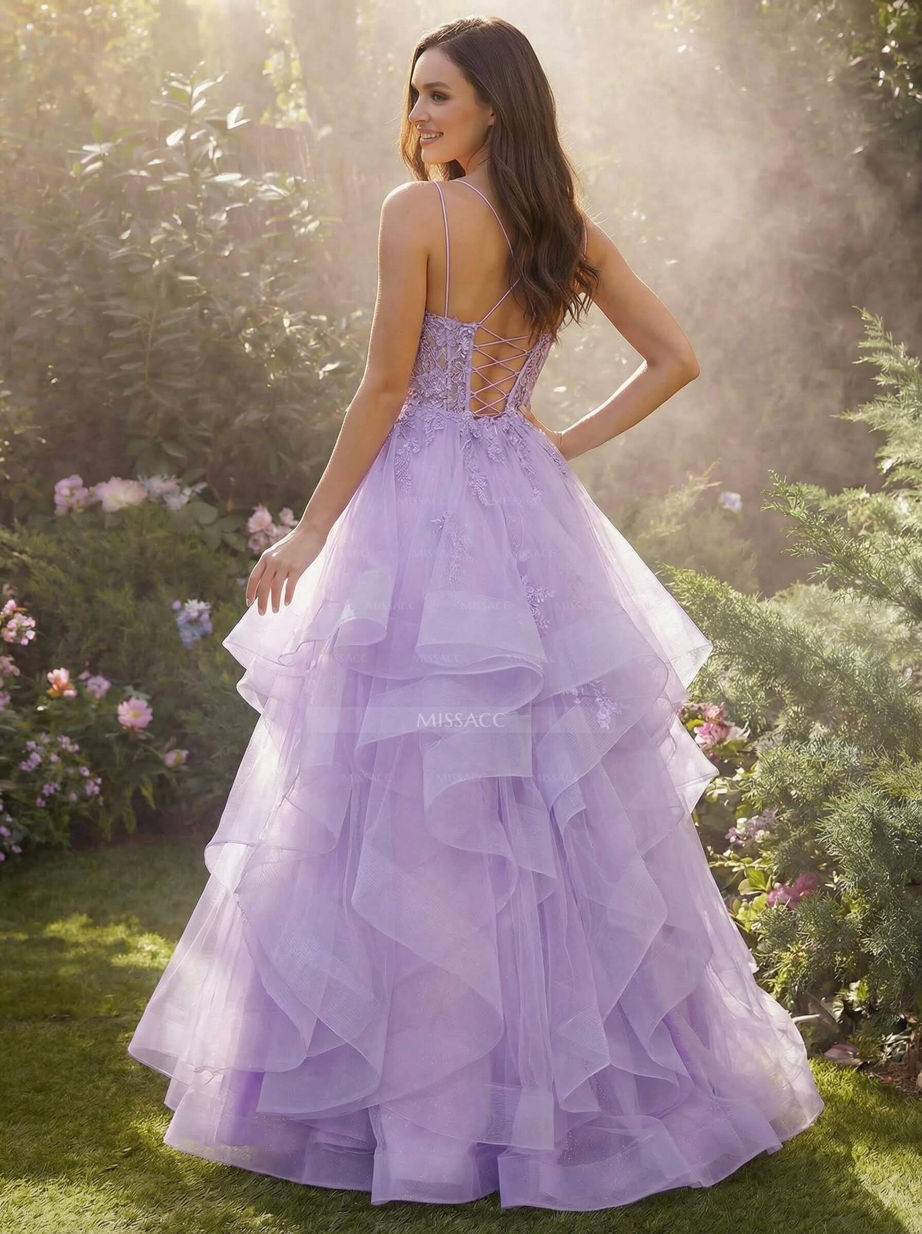 Dreamy Princess Ball Gown Ruffled Skirt Prom Dresses With Floral Applique