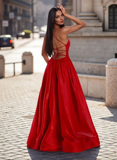 A-Line Scoop Neck Sleeveless Satin Prom Dresses With High Split