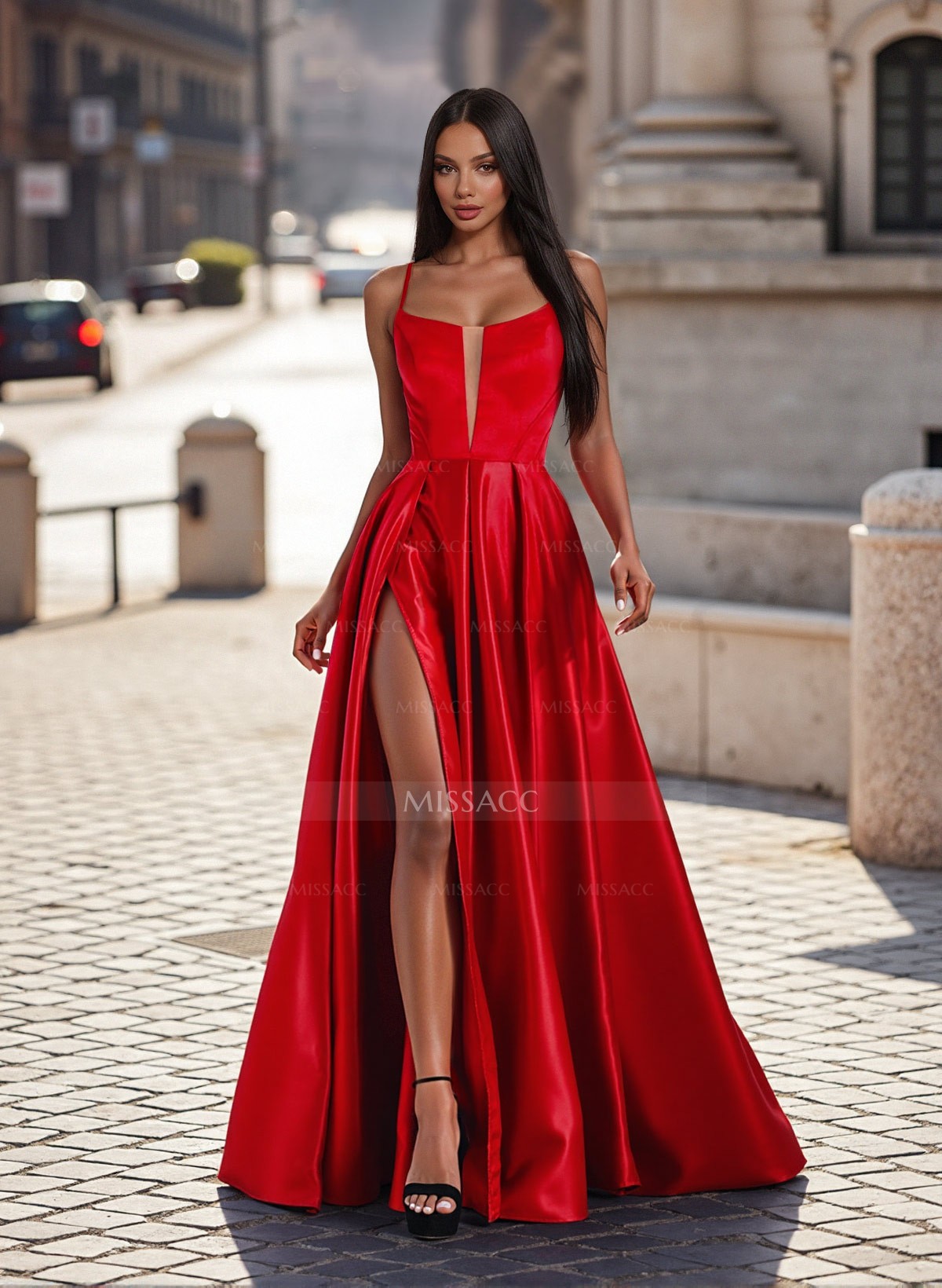 A-Line Scoop Neck Sleeveless Satin Prom Dresses With High Split