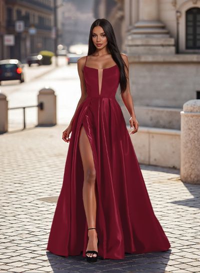 Unique Plunge Neck Open Back Satin Prom Dresses With High Split