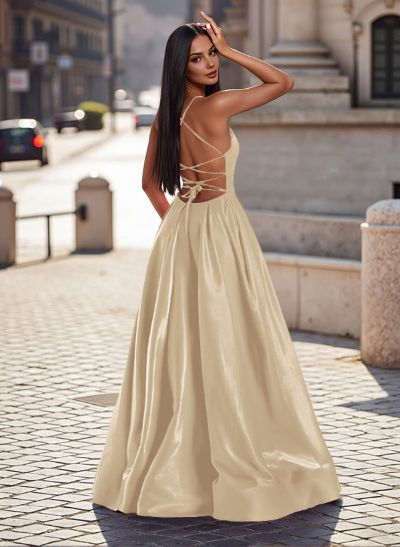 Unique Plunge Neck Open Back Satin Prom Dresses With High Split