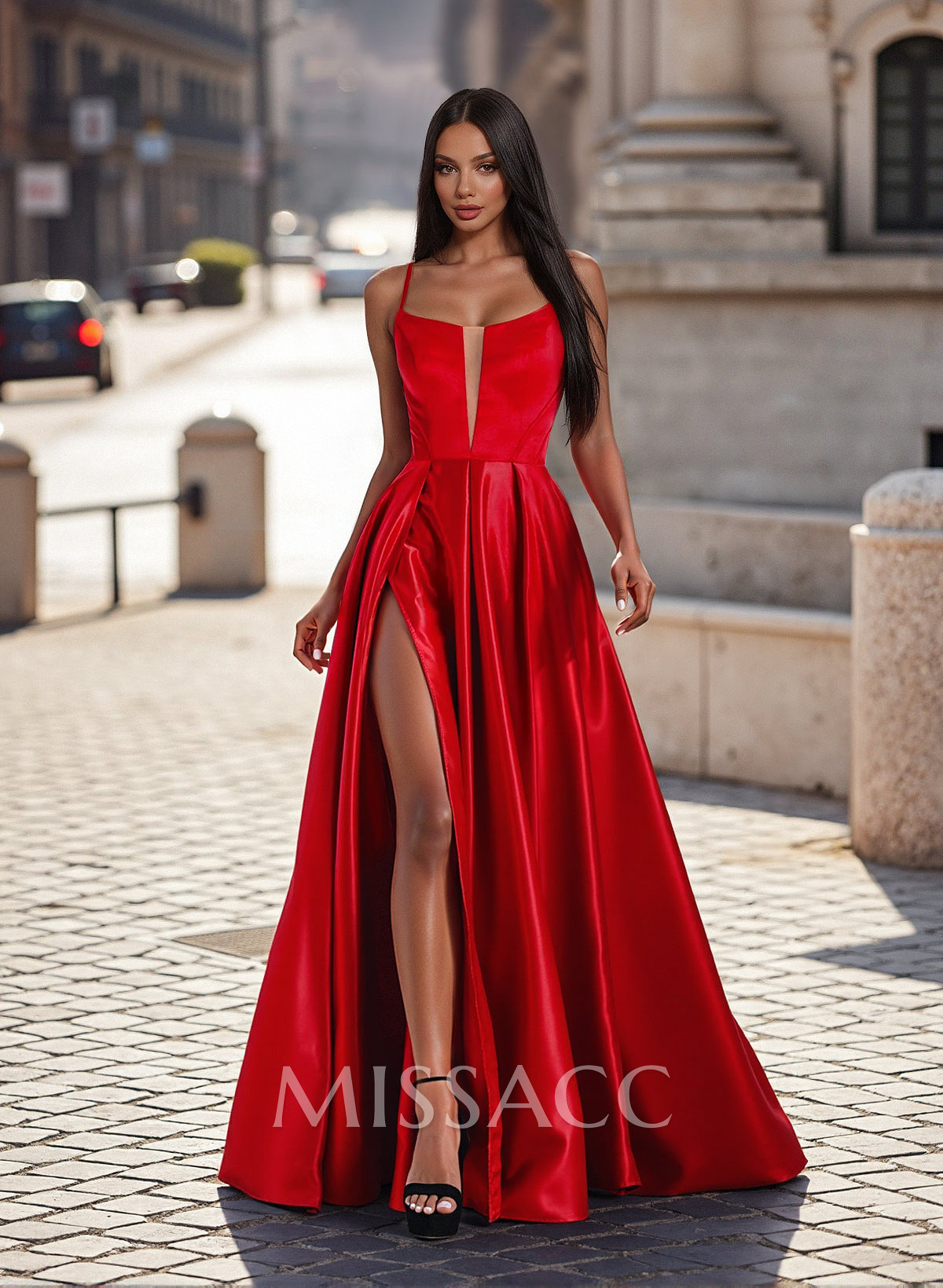 Unique Plunge Neck Open Back Satin Prom Dresses With High Split