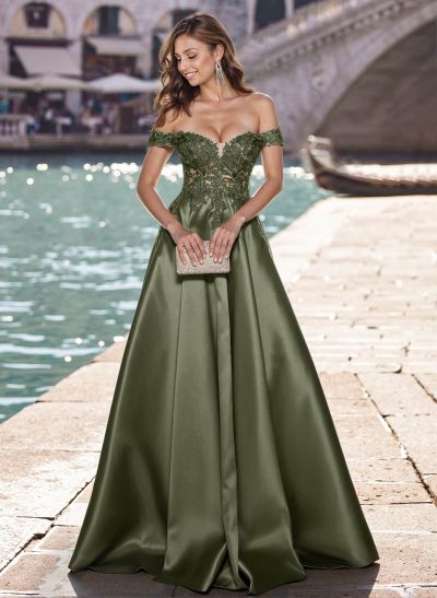 A-Line Off-The-Shoulder Sleeveless Sweep Train Satin Prom Dresses With Appliques Lace