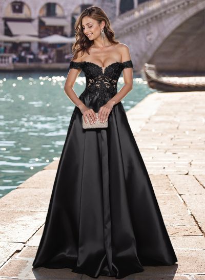 Elegant Off-The-Shoulder A-Line Satin Prom Dresses With Appliques Lace