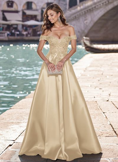 Elegant Off-The-Shoulder A-Line Satin Prom Dresses With Appliques Lace