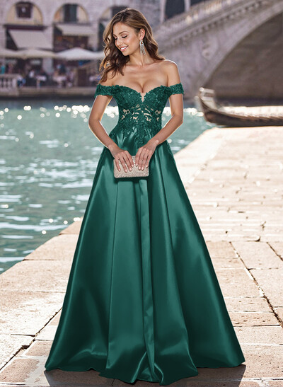 Elegant Off-The-Shoulder A-Line Satin Prom Dresses With Appliques Lace
