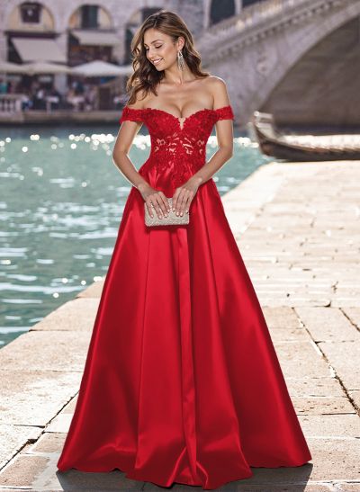 Elegant Off-The-Shoulder A-Line Satin Prom Dresses With Appliques Lace