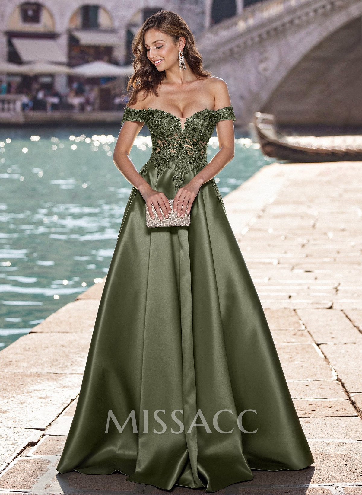 Elegant Off-The-Shoulder A-Line Satin Prom Dresses With Appliques Lace Elegant Off-The-Shoulder A-Line Satin Prom Dresses With Appliques Lace
