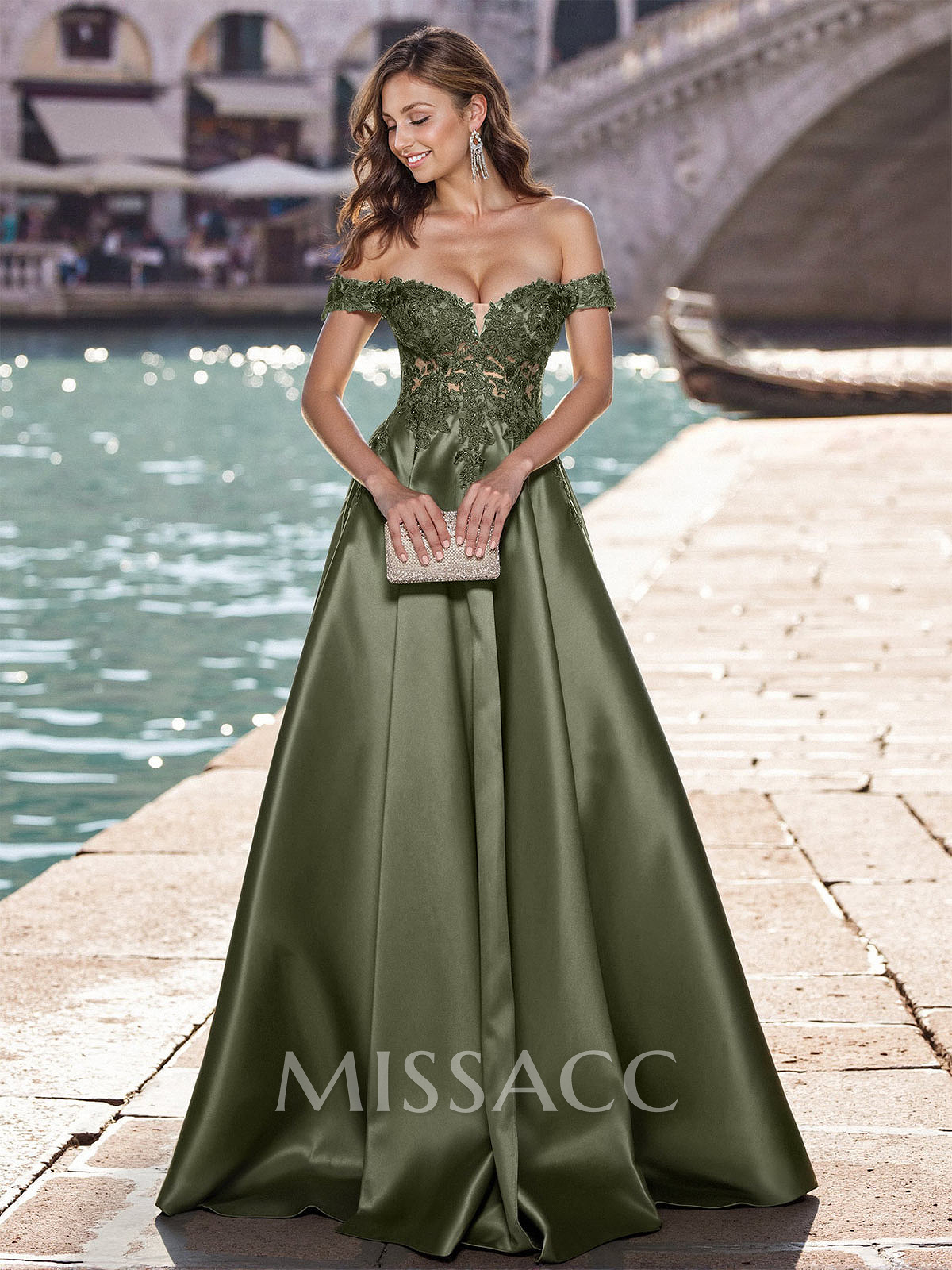 Elegant Off-The-Shoulder A-Line Satin Prom Dresses With Appliques Lace