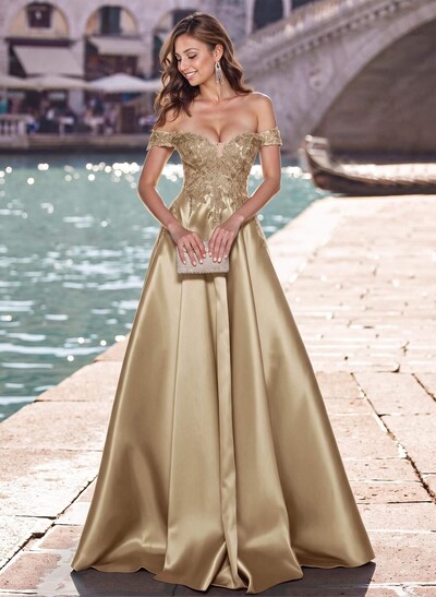 Elegant Off-The-Shoulder A-Line Satin Formal Dresses With Lace Appliques