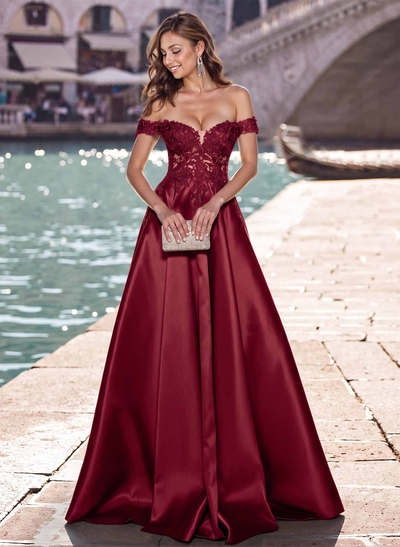 Elegant Off-The-Shoulder A-Line Satin Prom Dresses With Appliques Lace