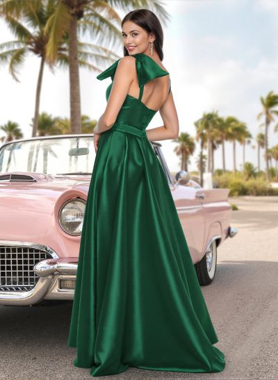 Unique Bow Accented One-Shoulder Satin Prom Dresses With High Split