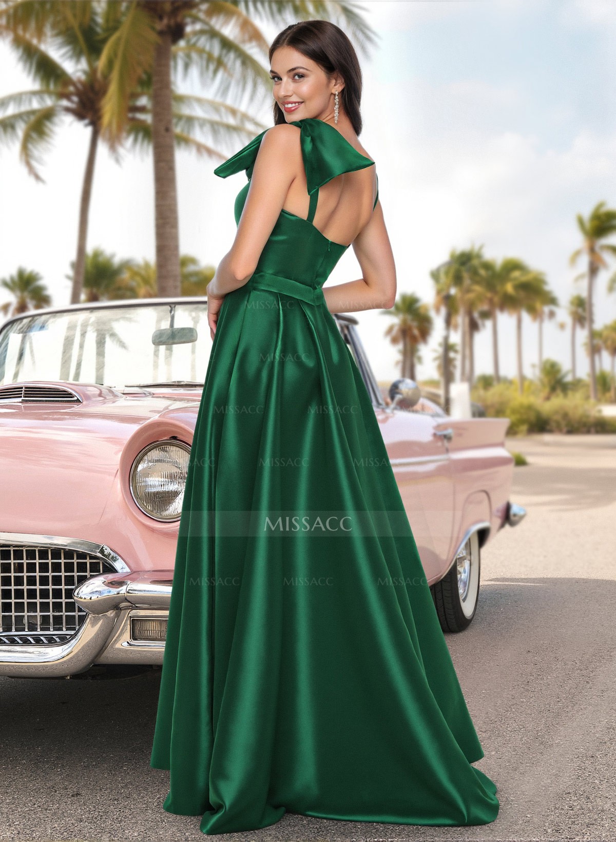 A-Line One-Shoulder Sleeveless Satin Prom DressesWith Bow(s)