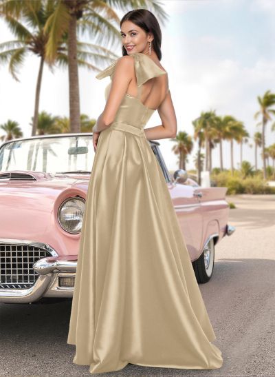 Unique Bow Accented One-Shoulder Satin Prom Dresses With High Split