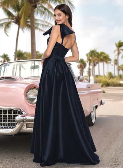 A-Line One-Shoulder Sleeveless Satin Prom Dresses With Bow(s)