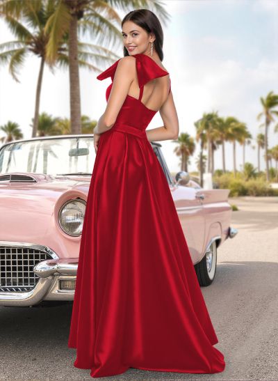 Unique Bow Accented One-Shoulder Satin Prom Dresses With High Split