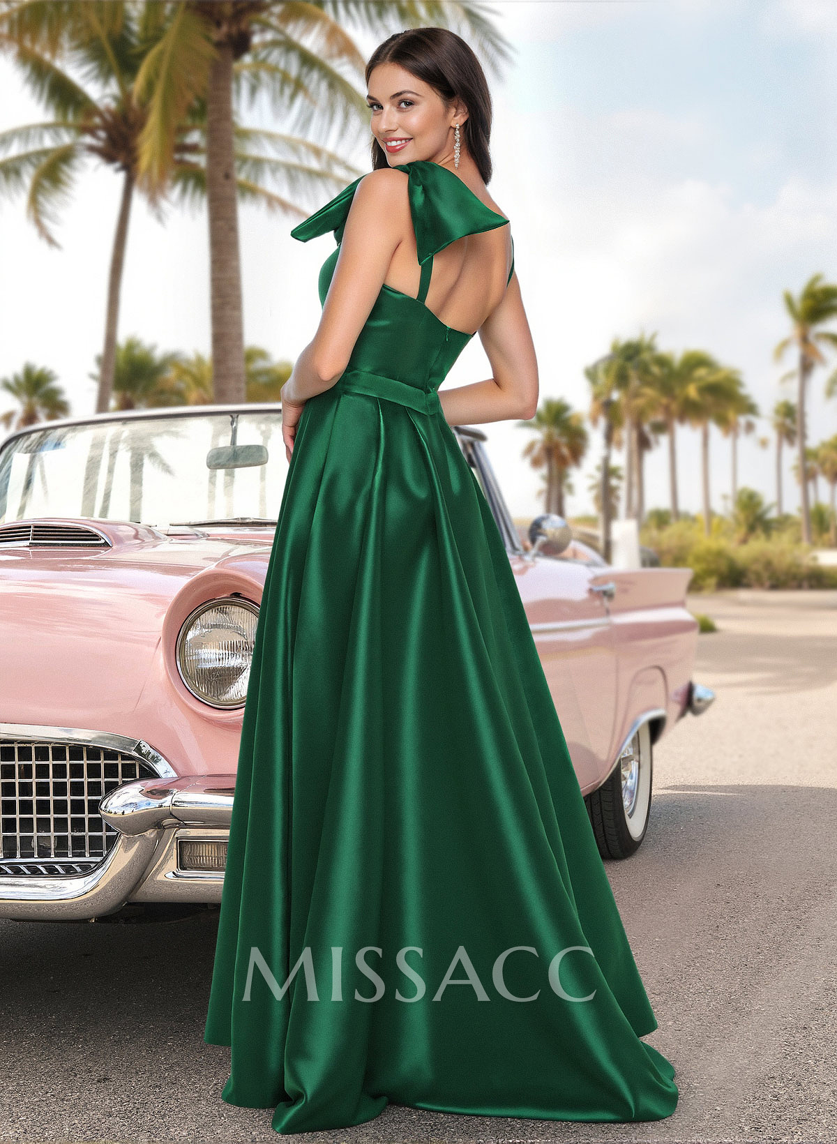 Unique Bow Accented One-Shoulder Satin Prom Dresses With High Split Unique Bow Accented One-Shoulder Satin Prom Dresses With High Split