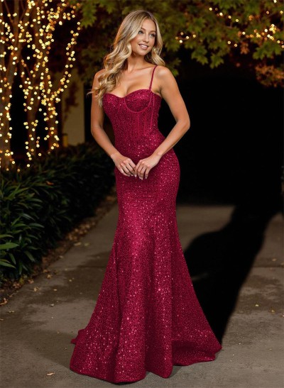 Bedazzled Mermaid Corset Sequined Prom Dresses With Spaghetti Straps