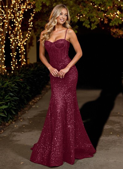 Bedazzled Mermaid Corset Sequined Prom Dresses With Spaghetti Straps