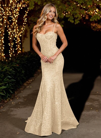 Bedazzled Mermaid Corset Sequined Prom Dresses With Spaghetti Straps
