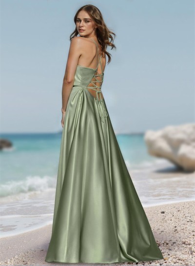 Simple Strappy Back Acetate Satin Prom Dresses With High Split