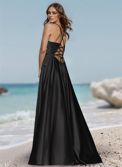 A-Line V-Neck Sleeveless Acetate Satin Prom Dresses With High Split