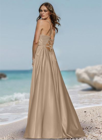 Simple Strappy Back Acetate Satin Prom Dresses With High Split