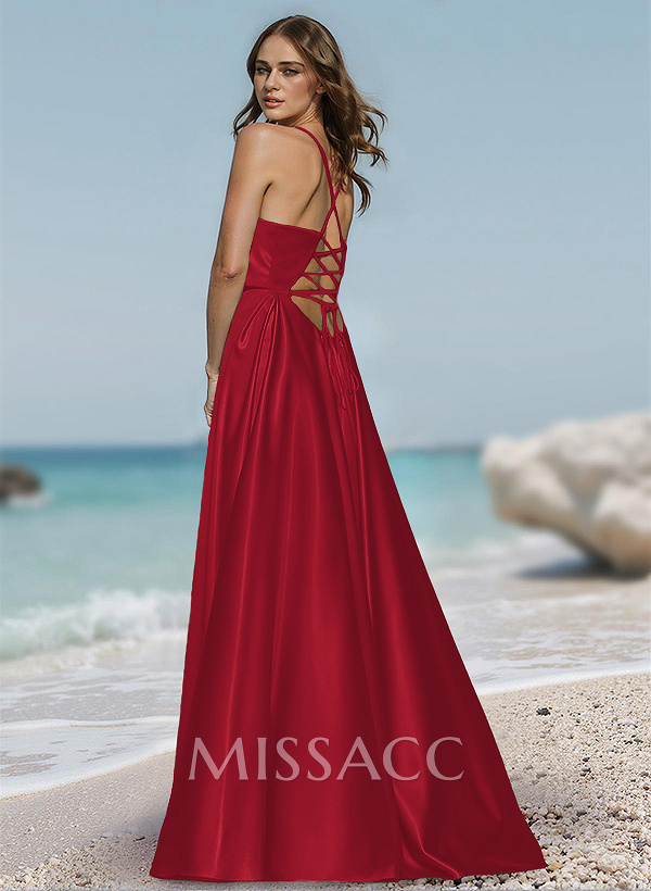 Simple Strappy Back Acetate Satin Prom Dresses With High Split
