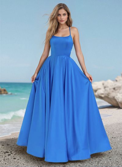 A-Line Scoop Neck Sleeveless Satin Prom Dresses With Back Hole