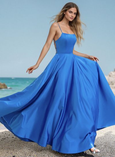 A-Line Scoop Neck Sleeveless Satin Prom Dresses With Back Hole