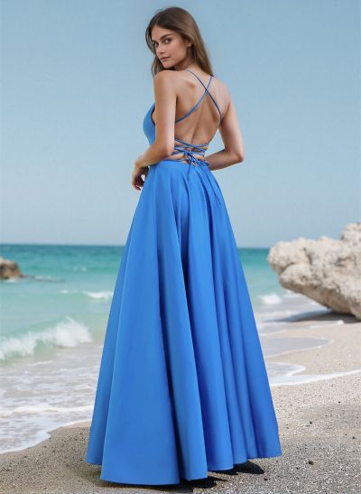 A-Line Scoop Neck Sleeveless Satin Prom Dresses With Back Hole