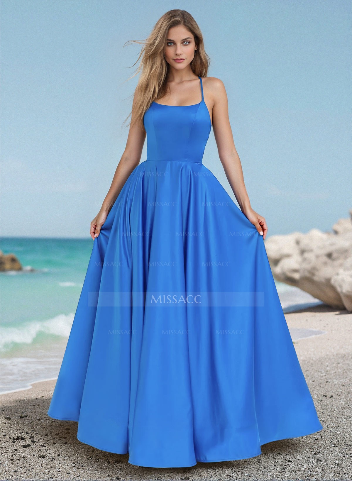 A-Line Scoop Neck Sleeveless Satin Prom Dresses With Back Hole