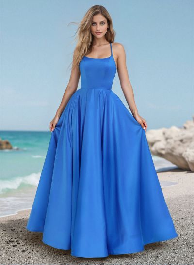 A-Line Scoop Neck Sleeveless Satin Prom Dresses With Back Hole