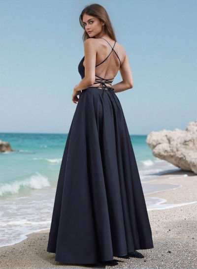 Simple Strappy Back A-Line Prom Dresses With Spaghetti Straps