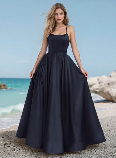 A-Line Scoop Neck Sleeveless Satin Prom Dresses With Back Hole