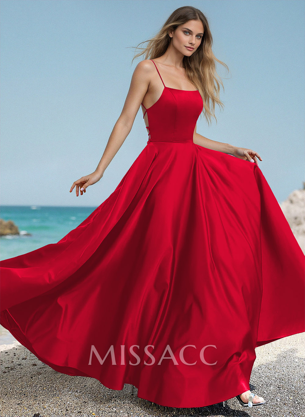 Simple Strappy Back A-Line Prom Dresses With Spaghetti Straps