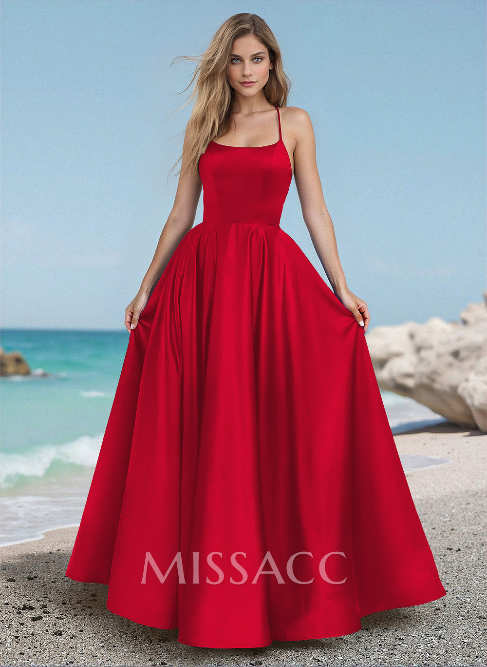 Simple Strappy Back A-Line Prom Dresses With Spaghetti Straps