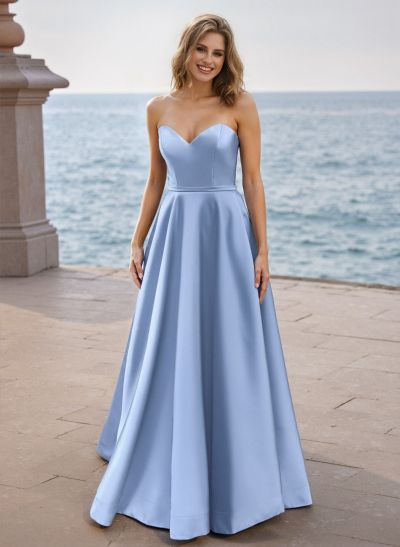 A-Line Sweetheart Sleeveless Floor-Length Satin Prom Dresses