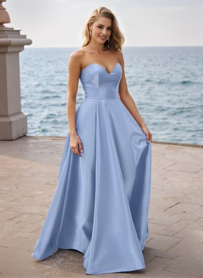 A-Line Sweetheart Sleeveless Floor-Length Satin Prom Dresses