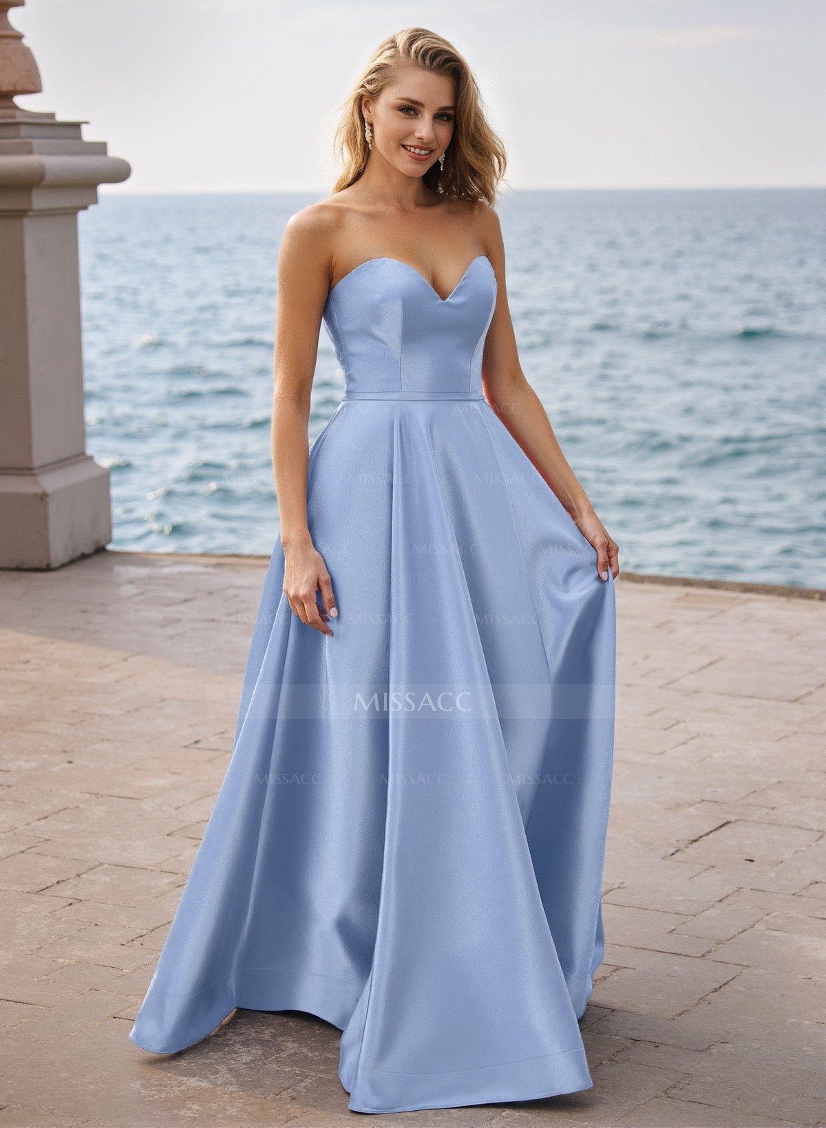 A-Line Sweetheart Sleeveless Floor-Length Satin Prom Dresses