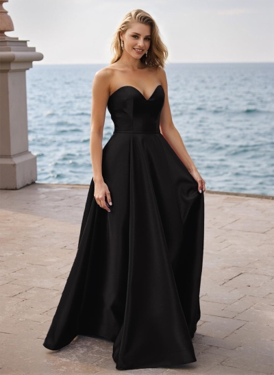 Simple A-Line Sweetheart Sleeveless Floor-Length Satin Prom Dresses